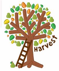 Playful tree with brown branches and colorful leaves, ladder leaning for harvest gathering.