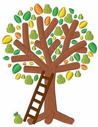 Playful tree with a brown trunk and vibrant green and yellow leaves, with a wooden ladder against it, perfect for spring.