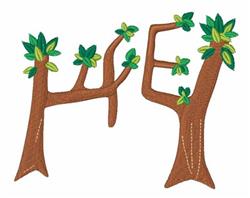 Stylized trees shape letters 'H', 'E', and 'E' with brown trunks and vibrant green leaves, ideal for playful kids' decor.