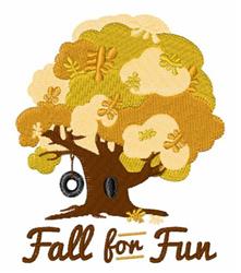 Playful tree with autumn colors and a tire swing, featuring 'Fall for Fun' text below in whimsical font.