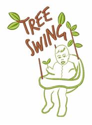 A child happily swings surrounded by green leaves, with 'TREE SWING' text above in playful brown and green threads.