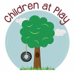 Whimsical tree with tire swing, fluffy clouds, and 'Children at Play' text in playful red font.