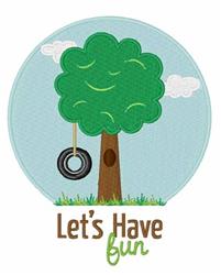 Playful tree with tire swing and fluffy clouds in a light blue sky, celebrating outdoor fun.