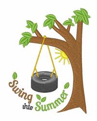 Playful tree with a tire swing and bright green leaves under a sunny sky, capturing a fun summer theme.