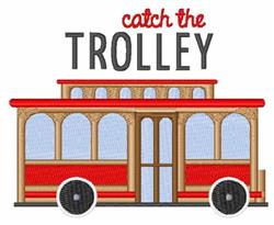 Colorful trolley in red and beige with windows and wheels, featuring 'catch the TROLLEY' text above, playful design.