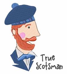 Whimsical man with red beard and blue hat, featuring bold colors and stylized text 'True Scotsman'.