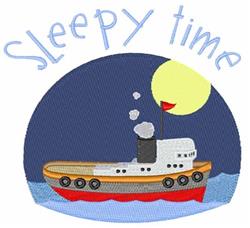 Playful tugboat in vibrant red and gray, with a cheerful yellow sun against a deep blue background, ideal for bedtime themes.
