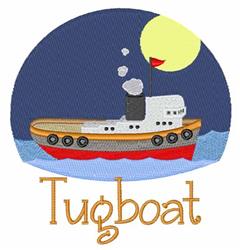 Whimsical tugboat in vibrant colors sailing on waves, under a bright yellow moon, perfect for playful designs.