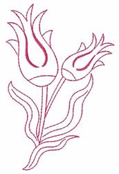 Two stylized tulips in a single color, elongated petals and delicate leaves, embodying a simple spring floral design.
