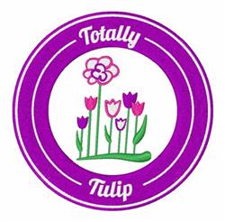 Colorful tulip flowers in pink and purple, framed in purple circle with cheerful text, perfect for spring.