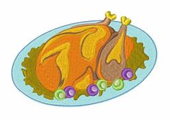 Cartoonish turkey with orange and brown hues on a plate, surrounded by colorful vegetables and lettuce for Thanksgiving.
