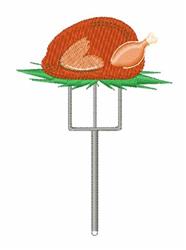 Cooked meat with a chicken leg on green grass, whimsical style, ideal for festive food occasions.