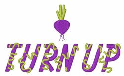 Playful text 'TURN UP' in bold purple with green details, featuring a whimsical beet illustration. Ideal for festive kitchen