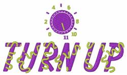 Bold purple 'TURN UP' text with playful green accents, alongside a clock dial, vibrant and festive design.