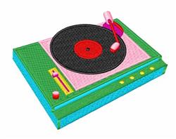 Colorful turntable with vibrant pink, green, and blue elements, featuring a black record and red stylus.