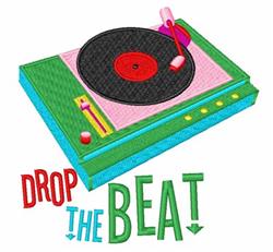Colorful turntable with a vibrant vinyl record and stylus, featuring playful text 'DROP THE BEAT'.