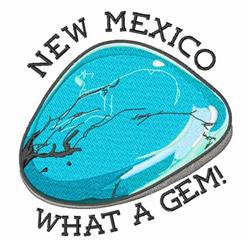 Modern turquoise gemstone with a shiny surface, bold black text 'NEW MEXICO WHAT A GEM!', playful design.
