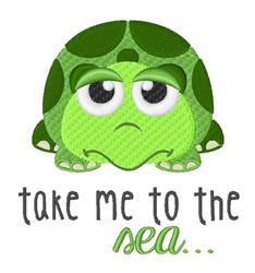 Cartoon green turtle with large eyes and a sad look, featuring the text 'take me to the sea...' on a beach-themed background.