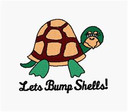 Playful turtle with colorful shell, bold stitching, and cheeky grin, featuring 'Lets Bump Shells!' text below.