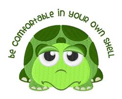 Cheerful turtle with a green shell and large eyes, featuring playful text above: 'be comfortable in your own shell'.