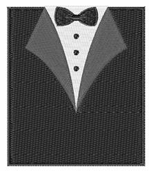 Stylized tuxedo in black and gray, featuring a bow tie and buttons, perfect for formal events.
