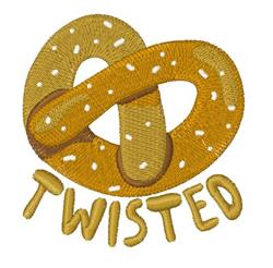 Twisted pretzel with golden-brown texture and white salt specks, accompanied by bold 'TWISTED' text.
