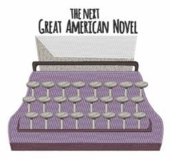 Vintage typewriter with purple and gray tones, silver keys, and whimsical text 'THE NEXT GREAT AMERICAN NOVEL'.