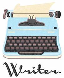Vintage typewriter in soft blue with a black keyboard and paper, playful modern design for machine embroidery.