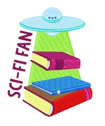 Colorful UFO hovering over a vibrant stack of books, illuminated by a bright beam of light, playful design.