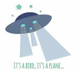 Playful UFO with dark blue body, turquoise lights, beams of light, and green stars, featuring the phrase 'IT'S A BIRD, IT'S A