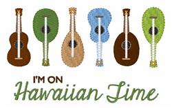 Colorful ukuleles with shades of green, blue, and brown, featuring 'I'M ON HAWAIIAN TIME' in playful font.