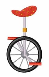 Cartoonish red unicycle with a polka dot seat, black wheel, and silver frame, perfect for playful embroidery.