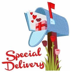 Whimsical blue mailbox overflowing with letters, decorated with red hearts and pink flowers for Valentine's Day.