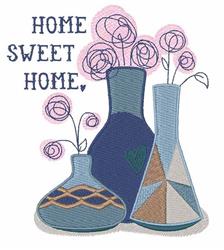 Modern vases with colorful geometric patterns and delicate flowers, featuring 'HOME SWEET HOME' text, perfect for home decor.