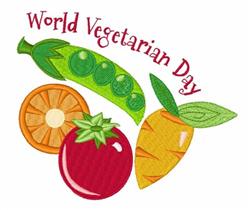Colorful fruits and vegetables, including a red tomato, green peas, and orange, celebrate World Vegetarian Day.