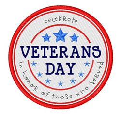 Veterans Day patch featuring a bold red border, white center, and navy blue text with accent stars in a clean, patriotic styl