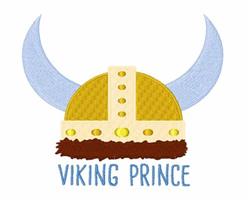 Playful cartoon Viking helmet with blue horns and a yellow cap, featuring 'VIKING PRINCE' text below, perfect for kids.