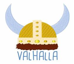 Playful Viking helmet with blue horns, golden studs, and 'VALHALLA' in light blue, perfect for kids' themed apparel.
