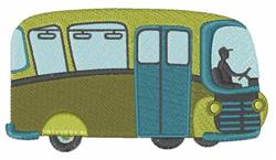 Playful vintage bus with rounded shape, green and blue colors, and detailed windows, featuring a driver inside.
