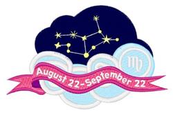 Virgo constellation design with gold stars on a dark blue cloud, featuring a pink ribbon and light blue circles.