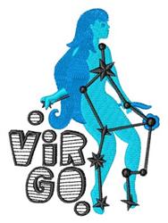 Playful blue Virgo constellation figure with flowing hair, surrounded by stars, and bold black 'VIRGO' text.