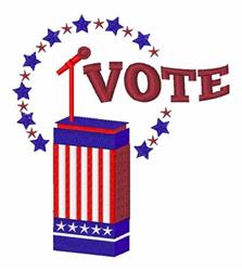 Voting booth with red and white stripes, blue base, and bold 'VOTE' lettering, accented by stars and a microphone.