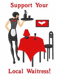 Vintage waitress in classic outfit serves at red table, accompanied by a warm lamp and heart design on the wall.
