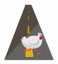 A playful walking chicken with a red comb strides across a whimsical road with gray pavement and bright yellow lines.