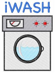 Cartoon washing machine with circular door showing water, featuring bold 'iWASH' in blue, cheerful red accents.