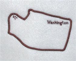 Simple outline of Washington state in brown thread on white, labeled 'Washington', minimalist style.