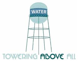 Whimsical water tower in light blue and green, displaying 'WATER' and 'TOWERING ABOVE ALL' in decorative font.