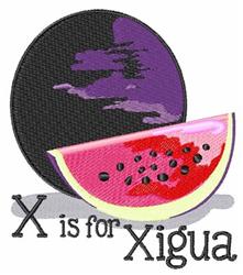 Colorful watermelon slice with seeds next to a black circle, featuring playful text 'X is for Xigua'.
