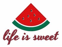 Playful watermelon slice with vibrant red flesh and green rind, featuring 'life is sweet' text, perfect for summer.