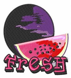 Playful watermelon slice with pink flesh and black seeds, set against a dark purple background, perfect for summer.